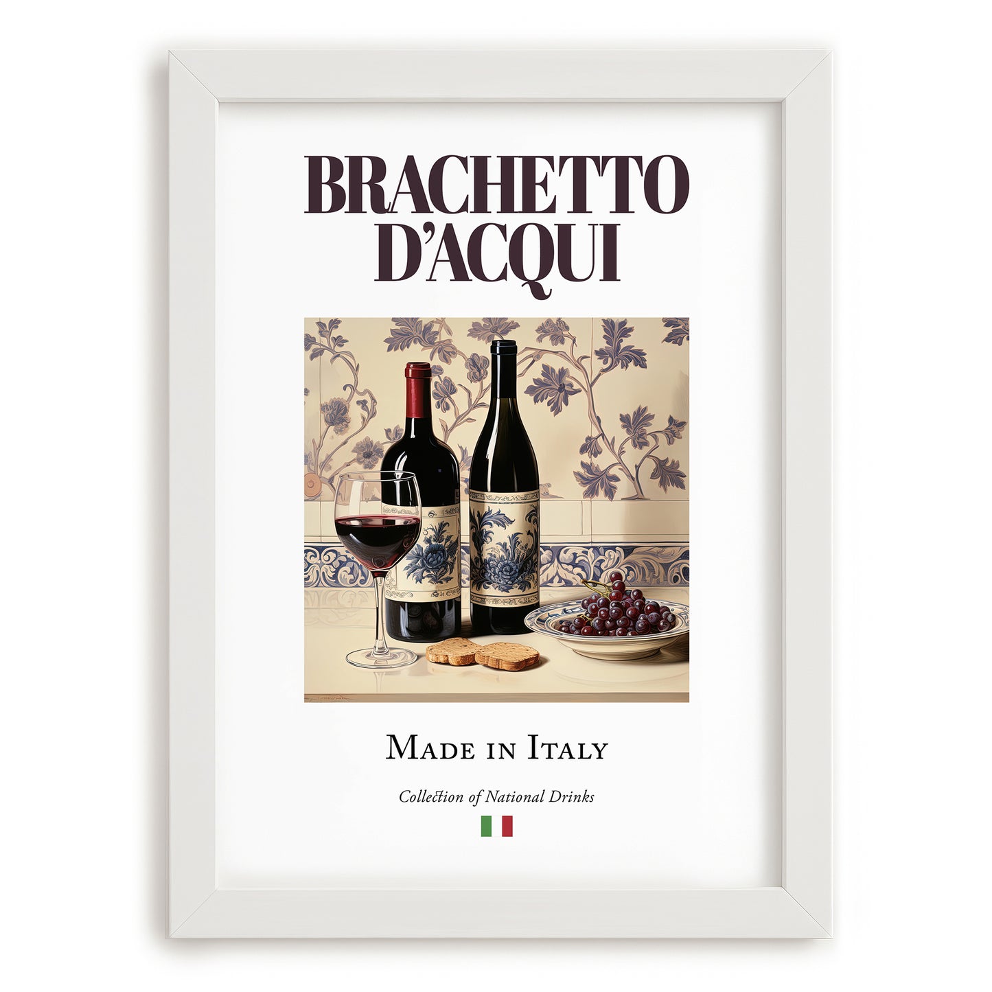 Brachetto d’Acqui – Italian Red Wine, Vineyard Terrace Illustration, placed in minimal white frame