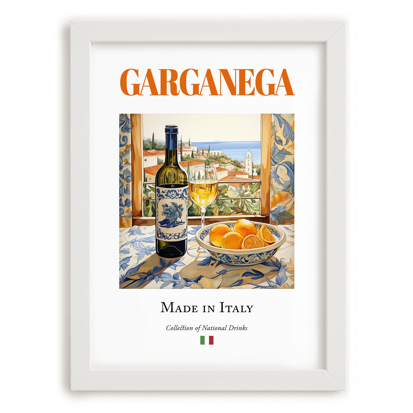 Garganega – Italian White Wine, Tasting Room Poster, placed in minimal white frame