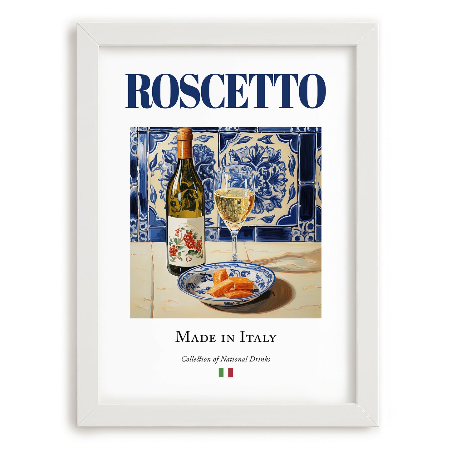 Roscetto – Italian White Wine, Vinoteca Print, placed in minimal white frame