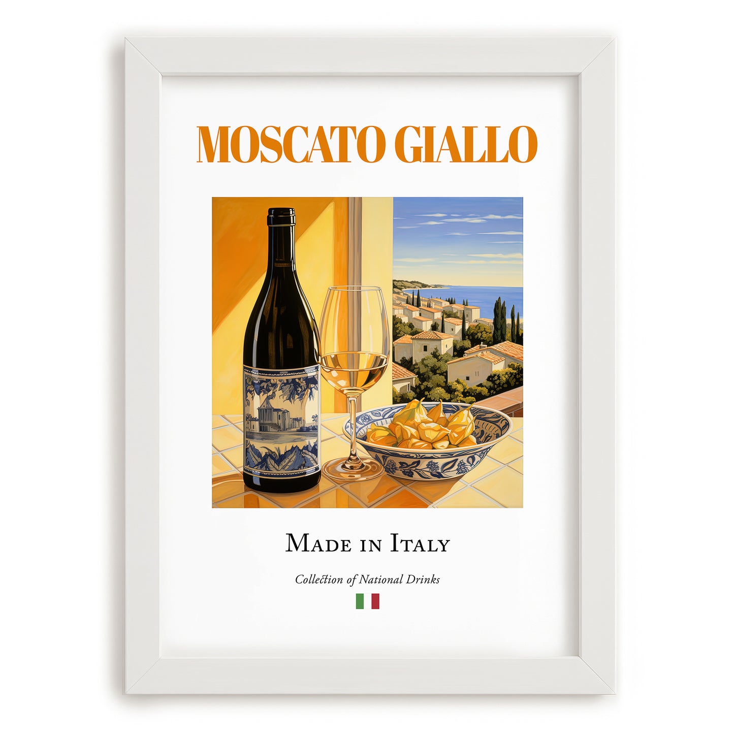 Moscato Giallo – Italian Dessert Wine, Bodega Wall Art, placed in minimal white frame