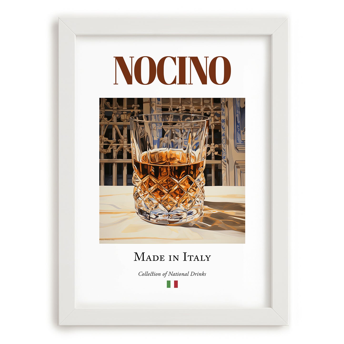 Nocino – Italian Liqueur Drink, Speakeasy Still Life, placed in minimal white frame