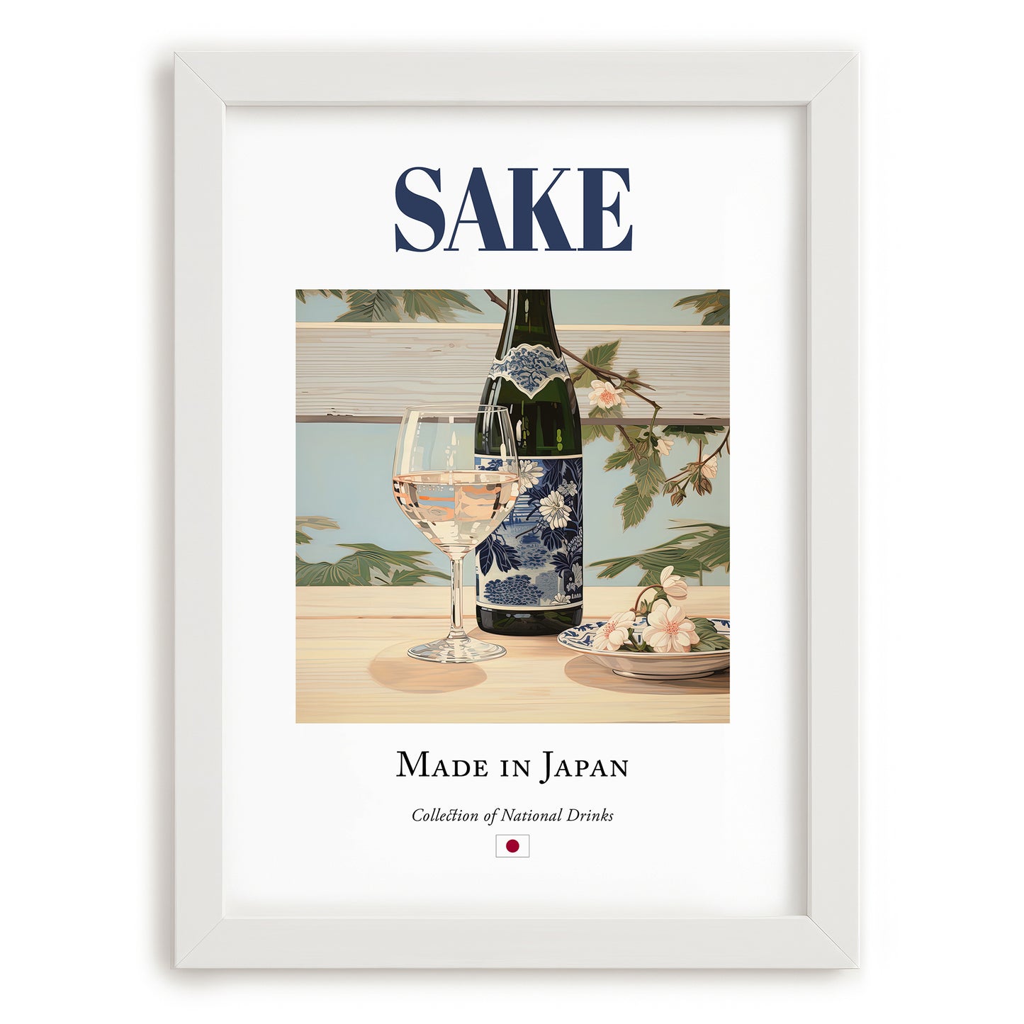 Sake – Japanese Spirit Drink, Hotel Lobby Poster, placed in minimal white frame