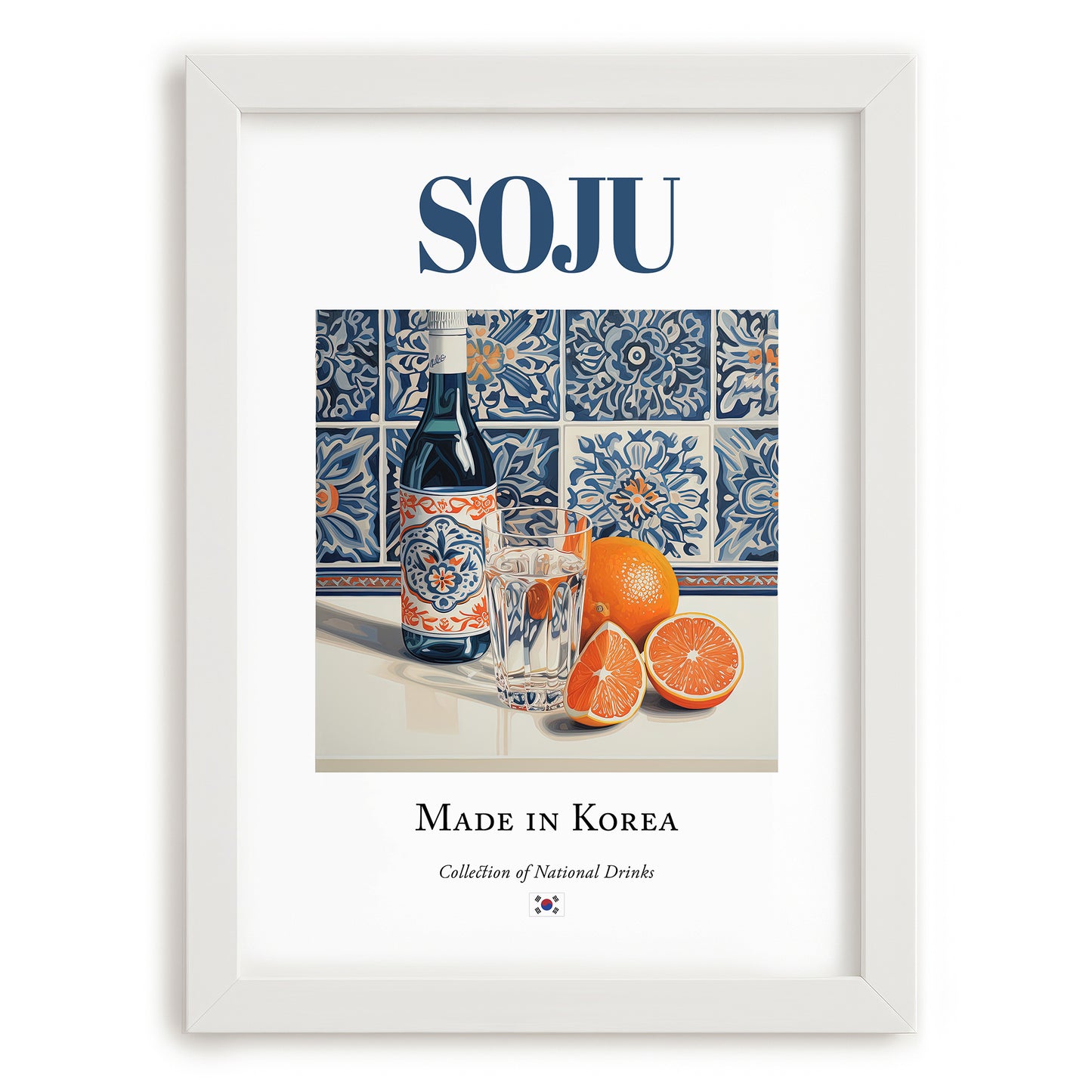 Soju – Korean Spirit Drink, Beach Bar Poster, placed in minimal white frame