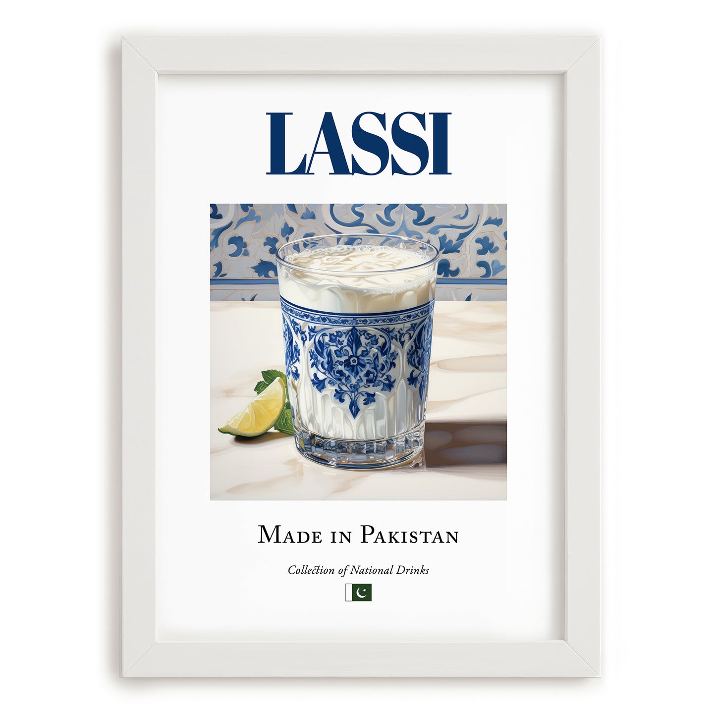 Lassi – Pakistani Beverage Drink, Hotel Lobby Wall Decor, placed in minimal white frame