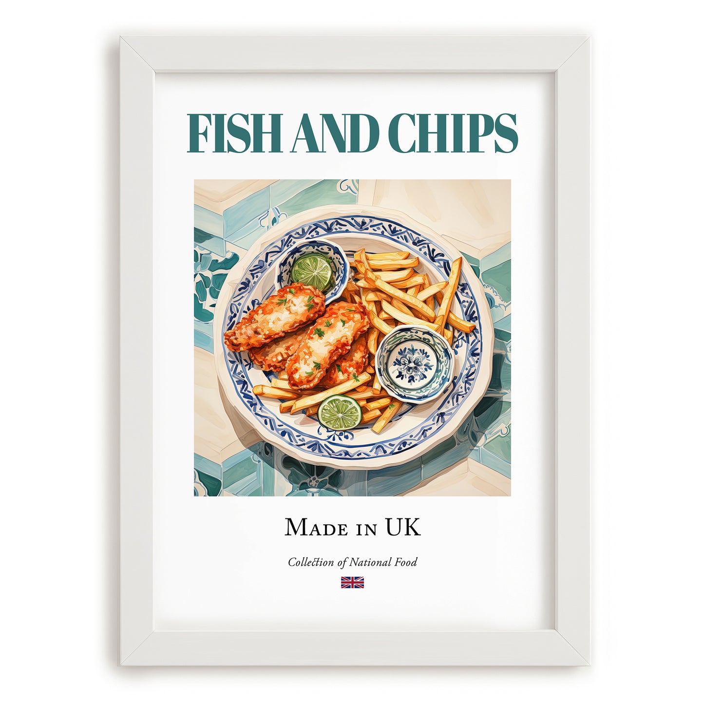 Fish and Chips – English Dish, Food Bar Poster, placed in minimal white frame