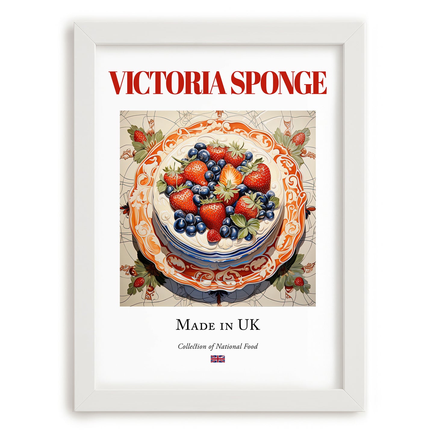 Victoria Sponge – English Dessert Dish, Fine Dining Restaurant Poster, placed in minimal white frame