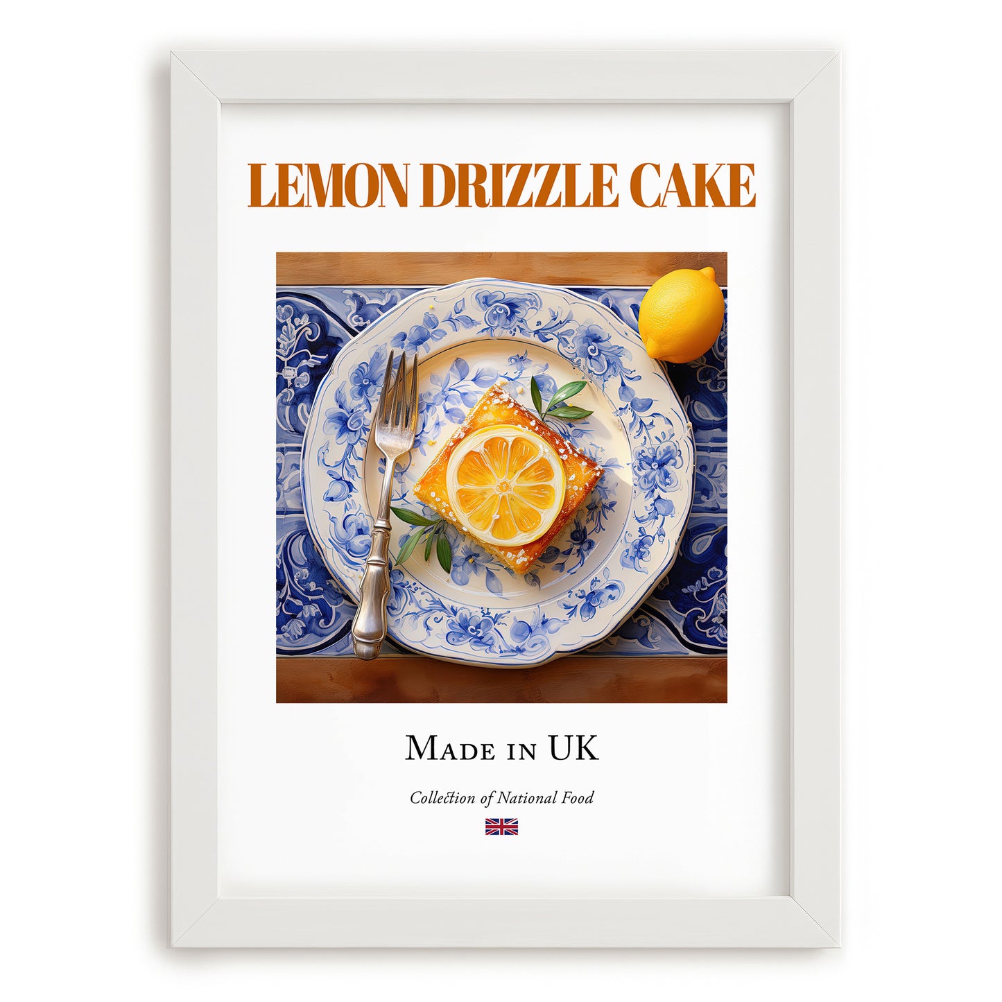Lemon Drizzle Cake – English Dessert Dish, Brasserie Wall Art, placed in minimal white frame