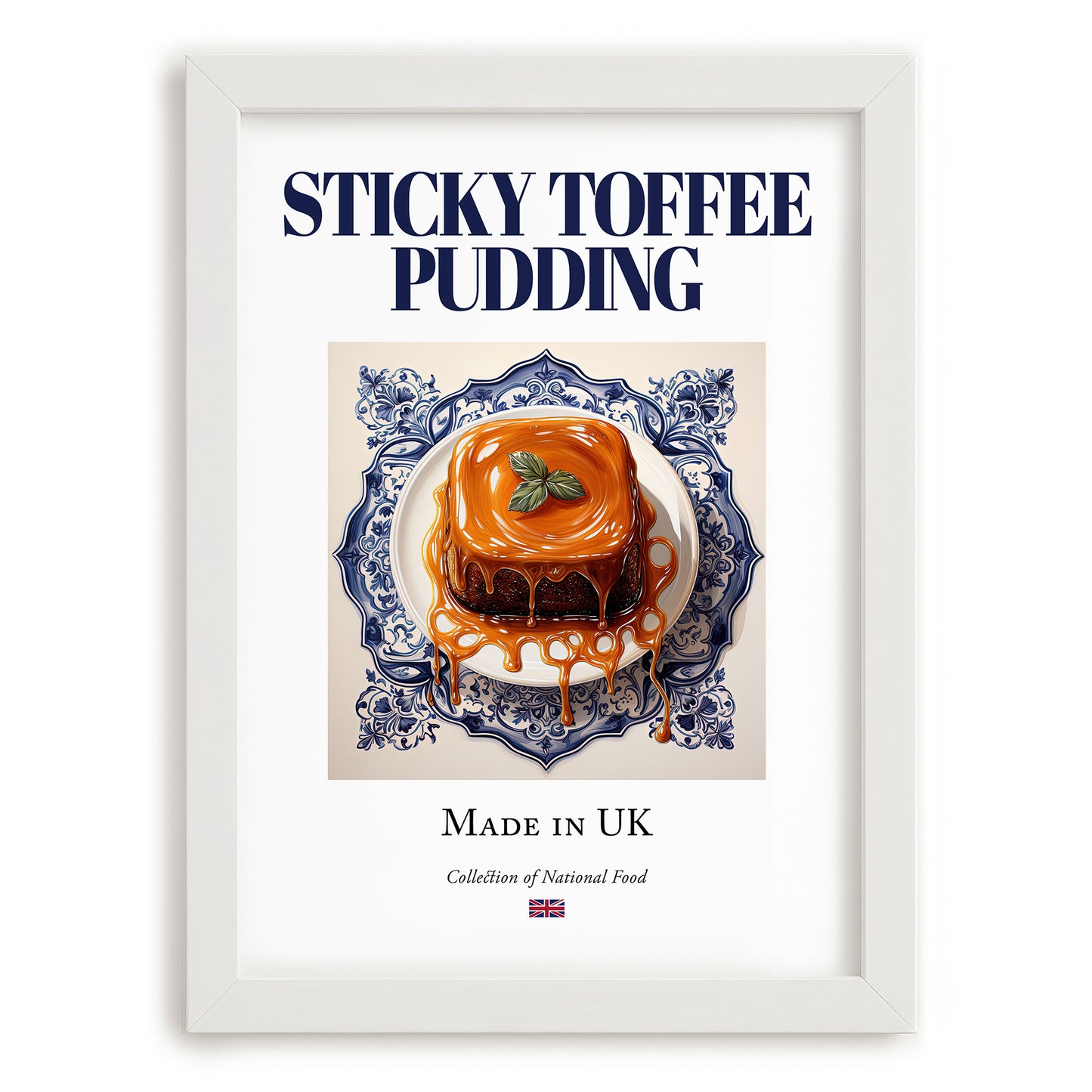 Sticky Toffee Pudding – English Dessert Dish, Café Wall Decor, placed in minimal white frame