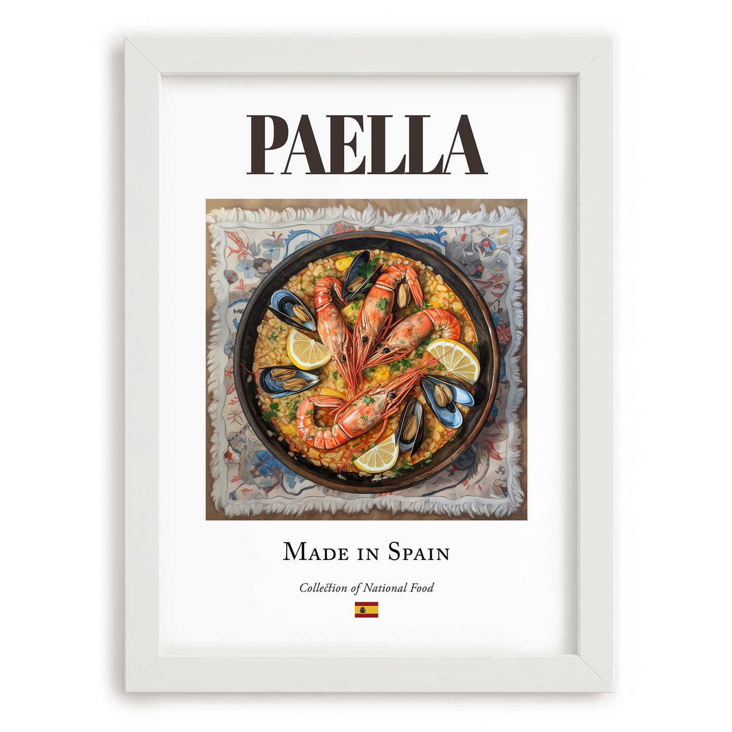 Paella – Spanish Dish, Restaurant Wall Art, placed in minimal white frame