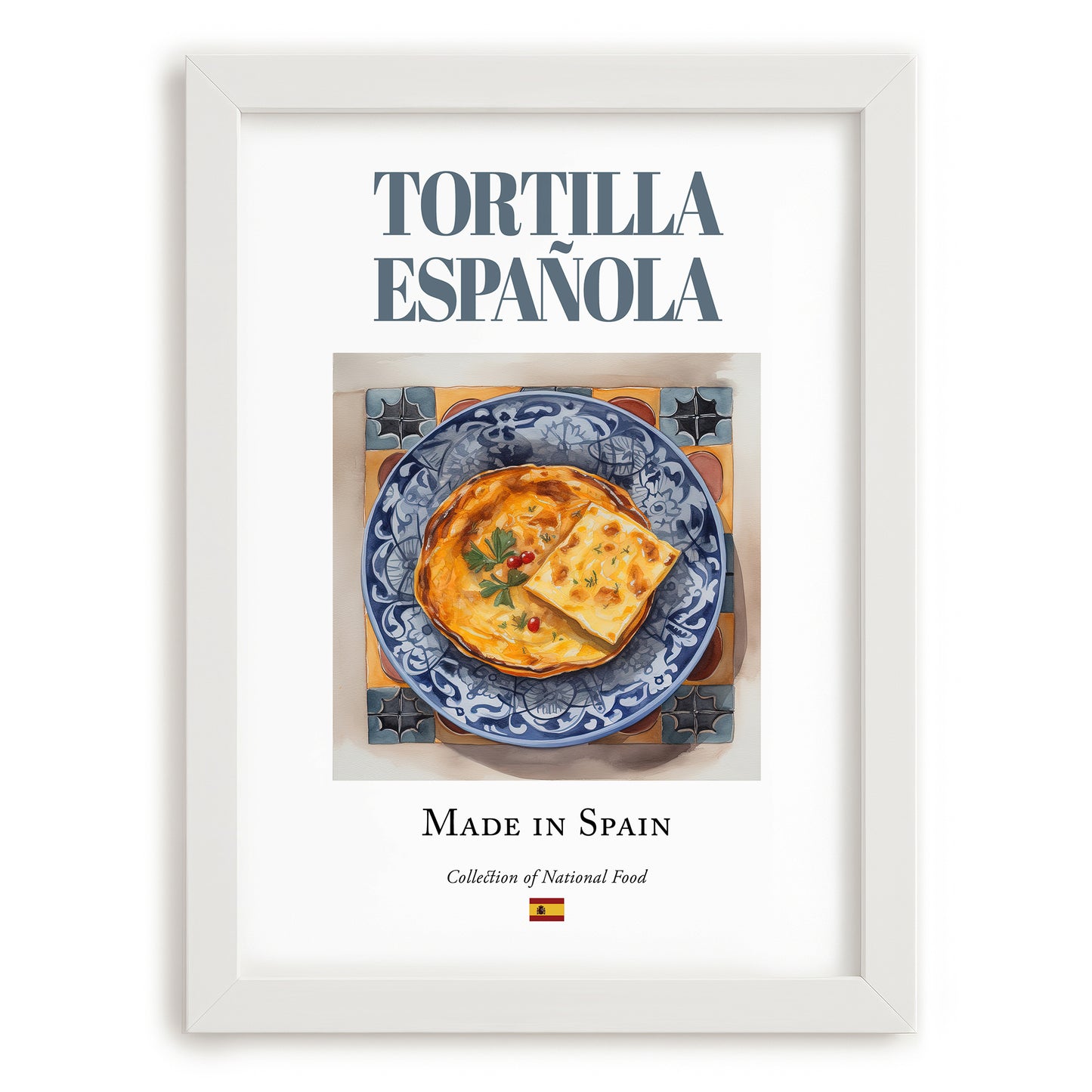 Tortilla Española (Spanish Omelette) – Spanish Dish, Bistro Illustration, placed in minimal white frame
