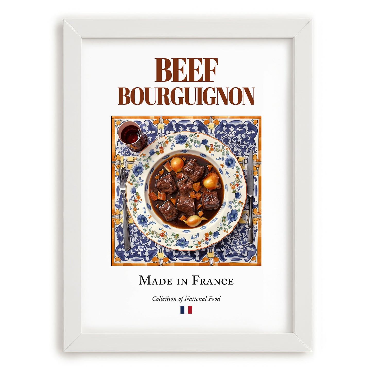 Beef Bourguignon – French Stew Dish, Fine Dining Restaurant Poster, placed in minimal white frame
