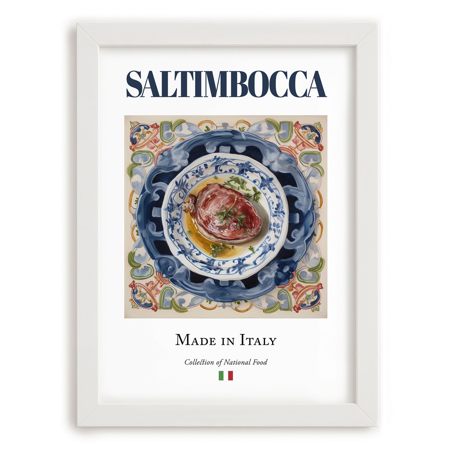 Saltimbocca – Italian Meat Dish, Farmhouse Kitchen Print, placed in minimal white frame