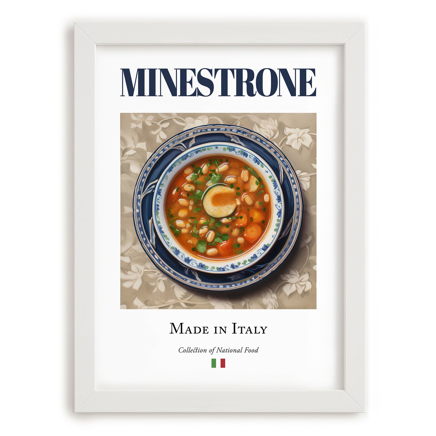 Minestrone – Italian Soup Dish, Restaurant Wall Art, placed in minimal white frame
