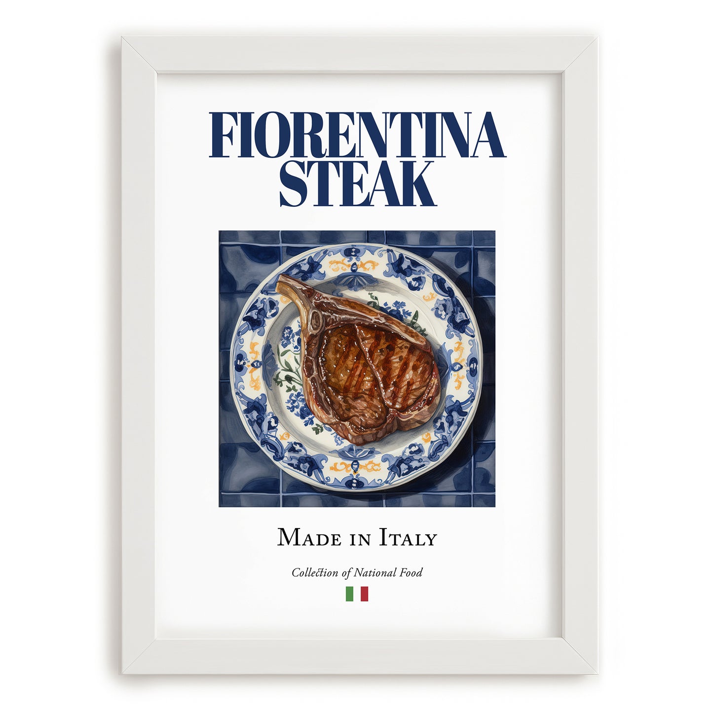 Fiorentina Steak – Italian Meat Dish, Farmhouse Kitchen Print, placed in minimal white frame