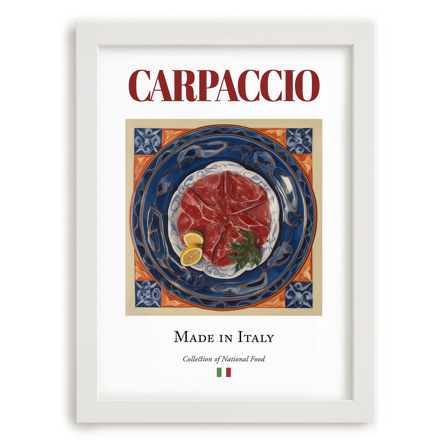 Carpaccio – Italian Meat Dish, Restaurant Poster, placed in minimal white frame