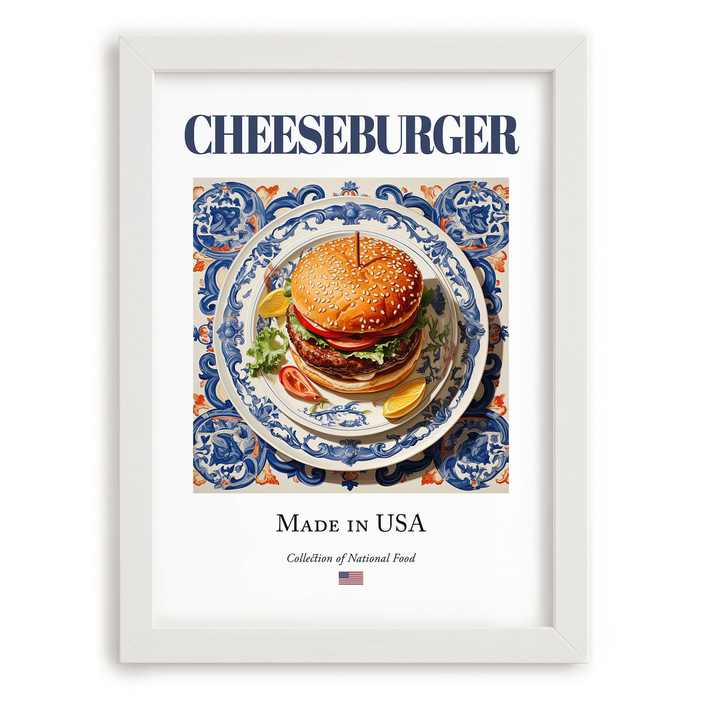 Cheeseburger – American Snack Dish, Farmhouse Kitchen Poster, placed in minimal white frame