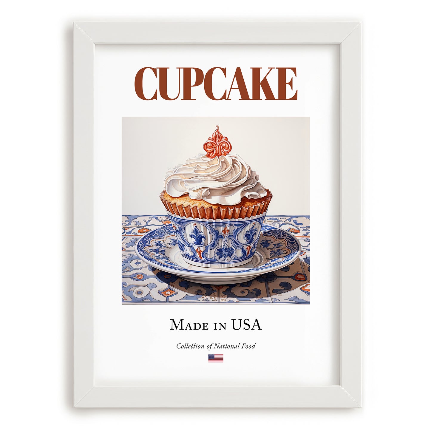 Cupcake – American Dessert Dish, Café Wall Decor, placed in minimal white frame