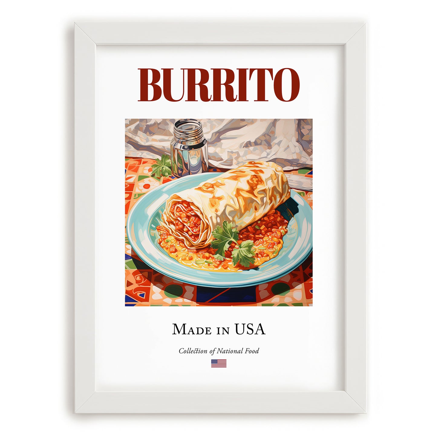 Burrito – American Dish, Café Still Life, placed in minimal white frame