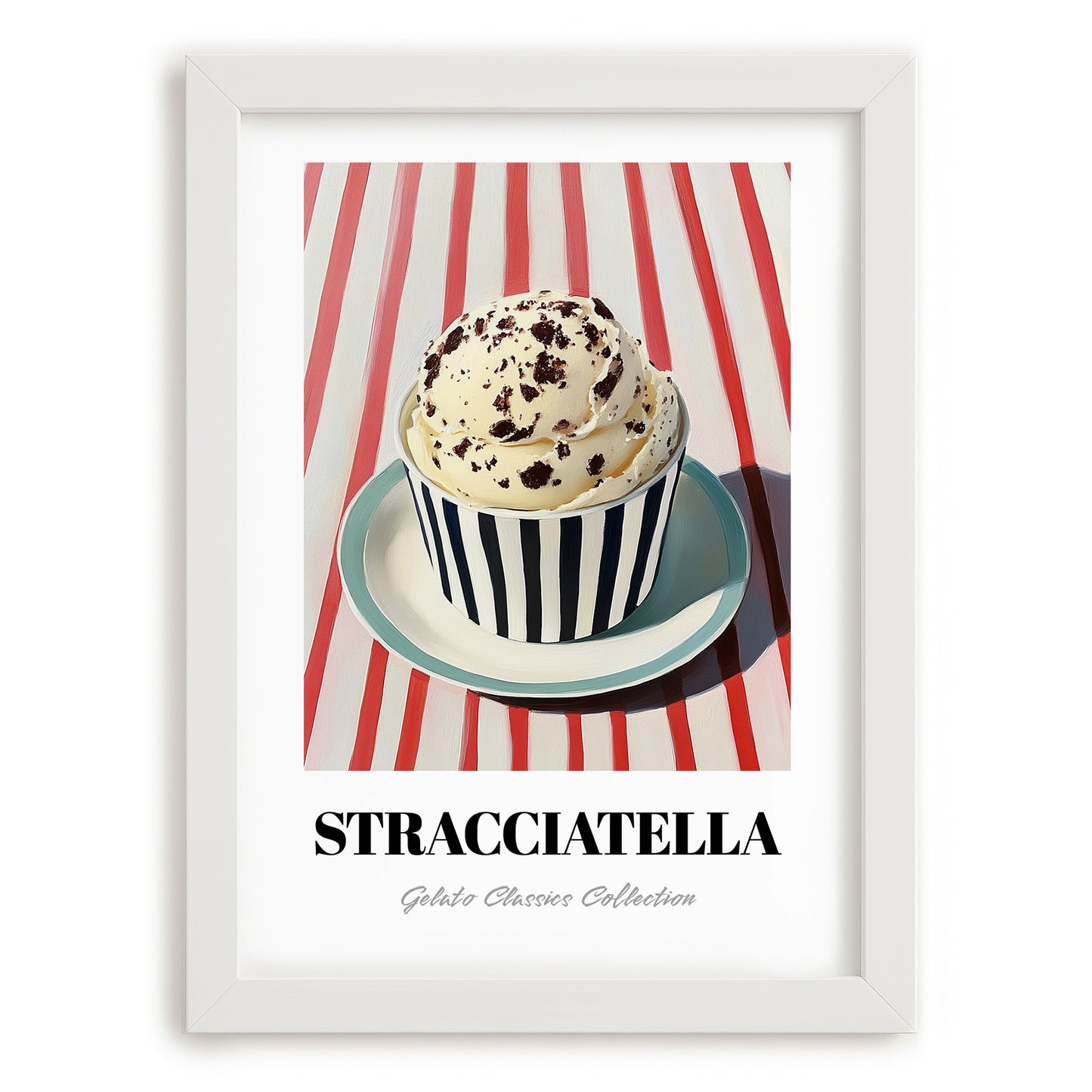 Stracciatella – on Striped Tablecloth, Gelato Wall Painting, placed in minimal white frame