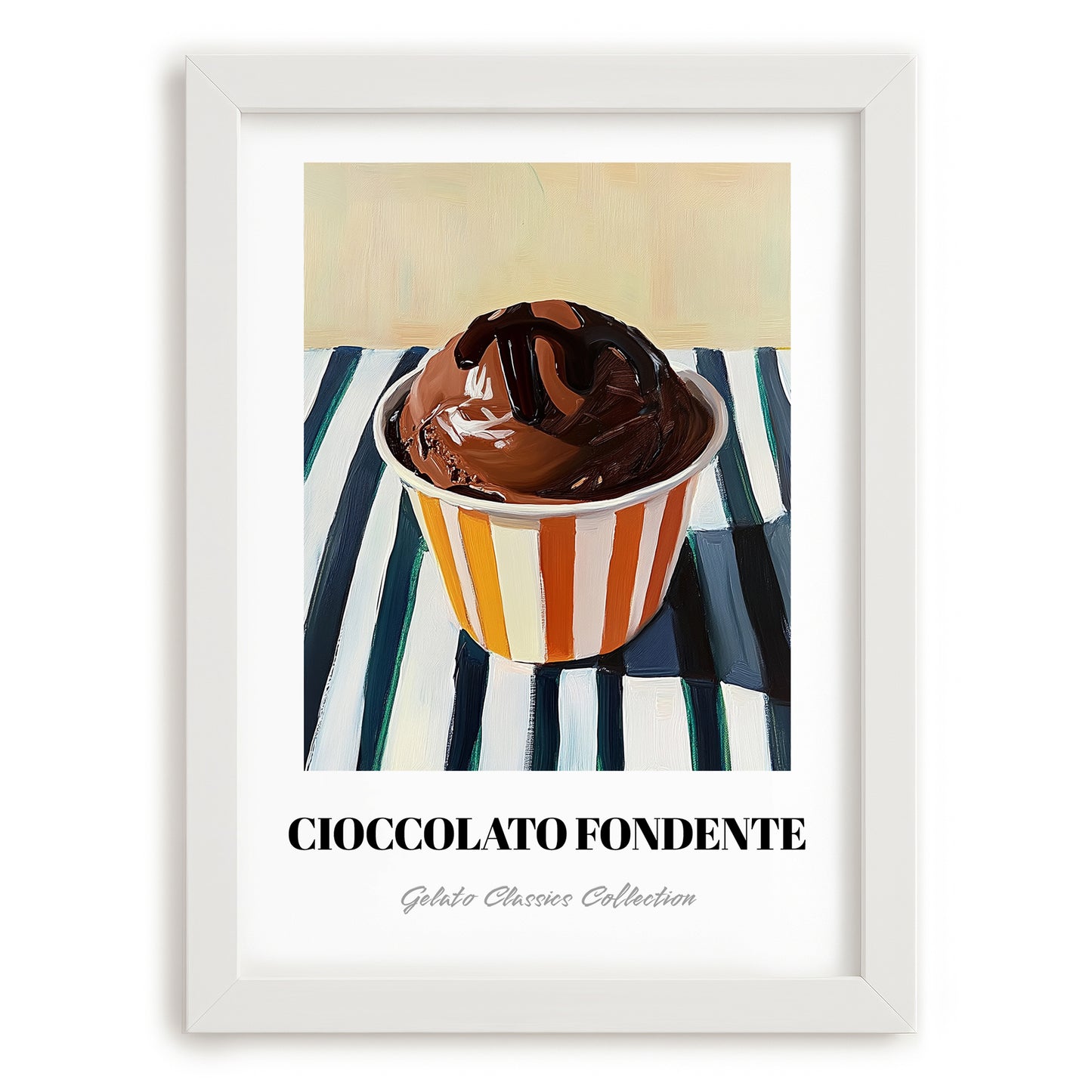 Cioccolato Fondente – on Striped Tablecloth, Gelato Still Life, placed in minimal white frame