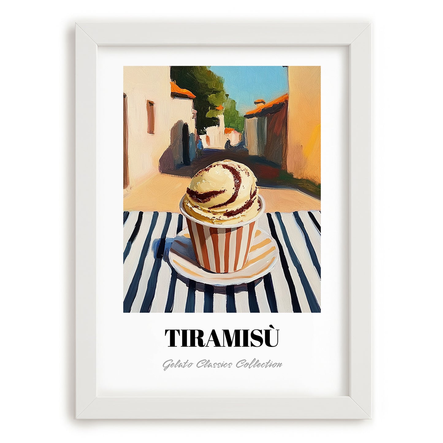 Gelato Tiramisu – Italian Urban Café Scene, Gelato Wall Painting, placed in minimal white frame