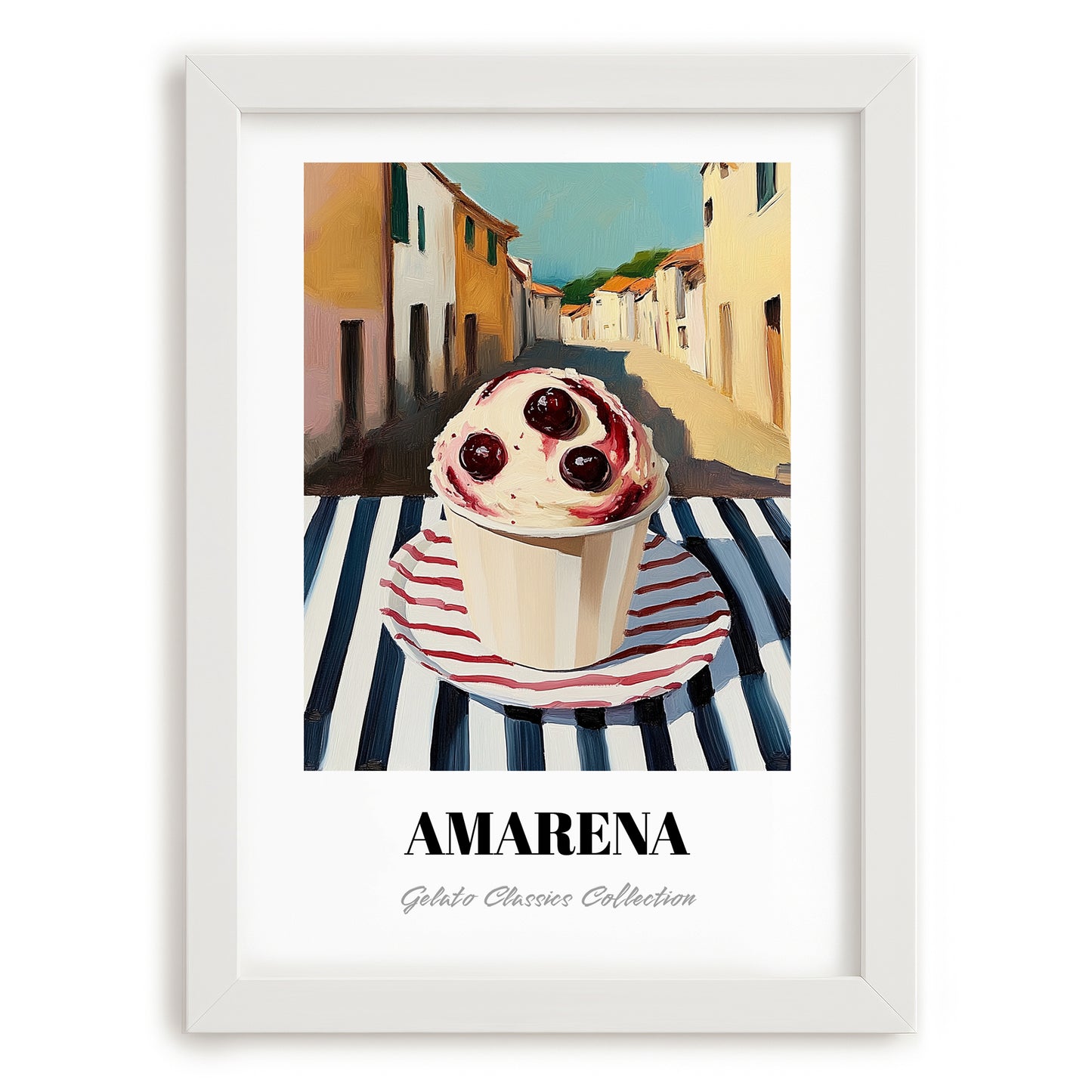 Gelato Amarena – Italian Café on the Corner, Gelato Wall Decor, placed in minimal white frame