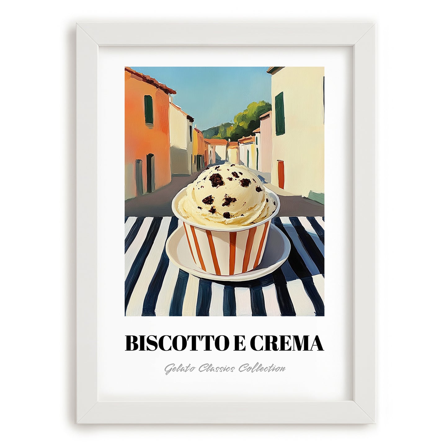 Gelato Biscotto E Crema – Italian Café on the Corner, Gelato Poster, placed in minimal white frame