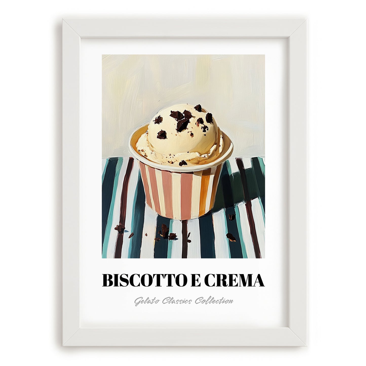 Biscotto E Crema – on Striped Tablecloth, Gelato Painting, placed in minimal white frame