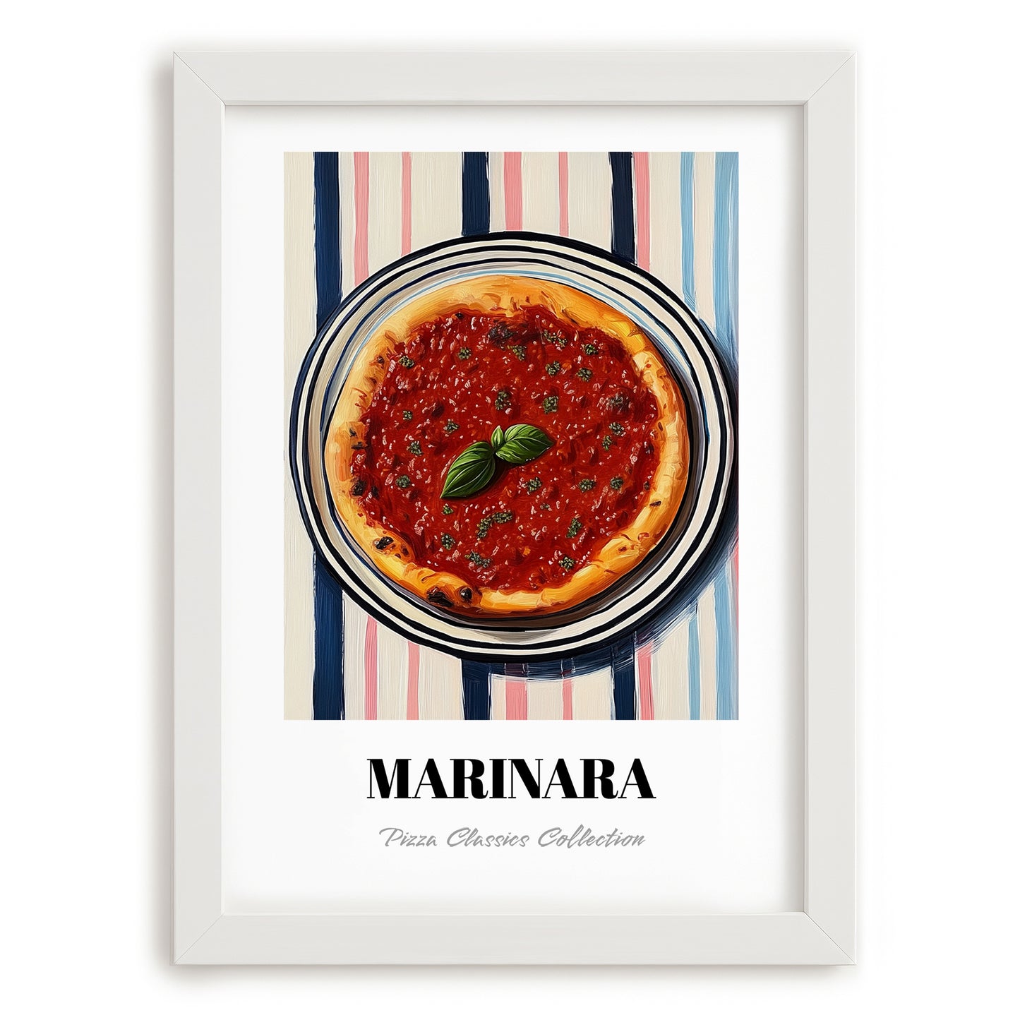 Marinara – on Striped Tablecloth, Pizza Wall Print, placed in minimal white frame