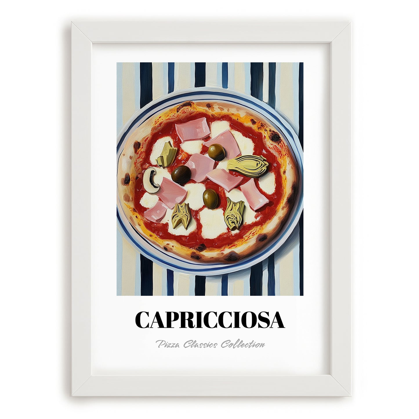 Capricciosa – on Striped Tablecloth, Pizza Wall Decor, placed in minimal white frame