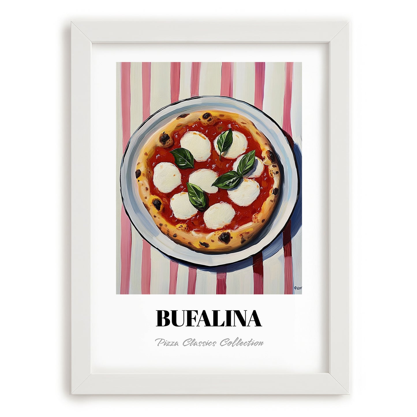 Bufala (Bufalina) – on Striped Tablecloth, Pizza Still Life, placed in minimal white frame