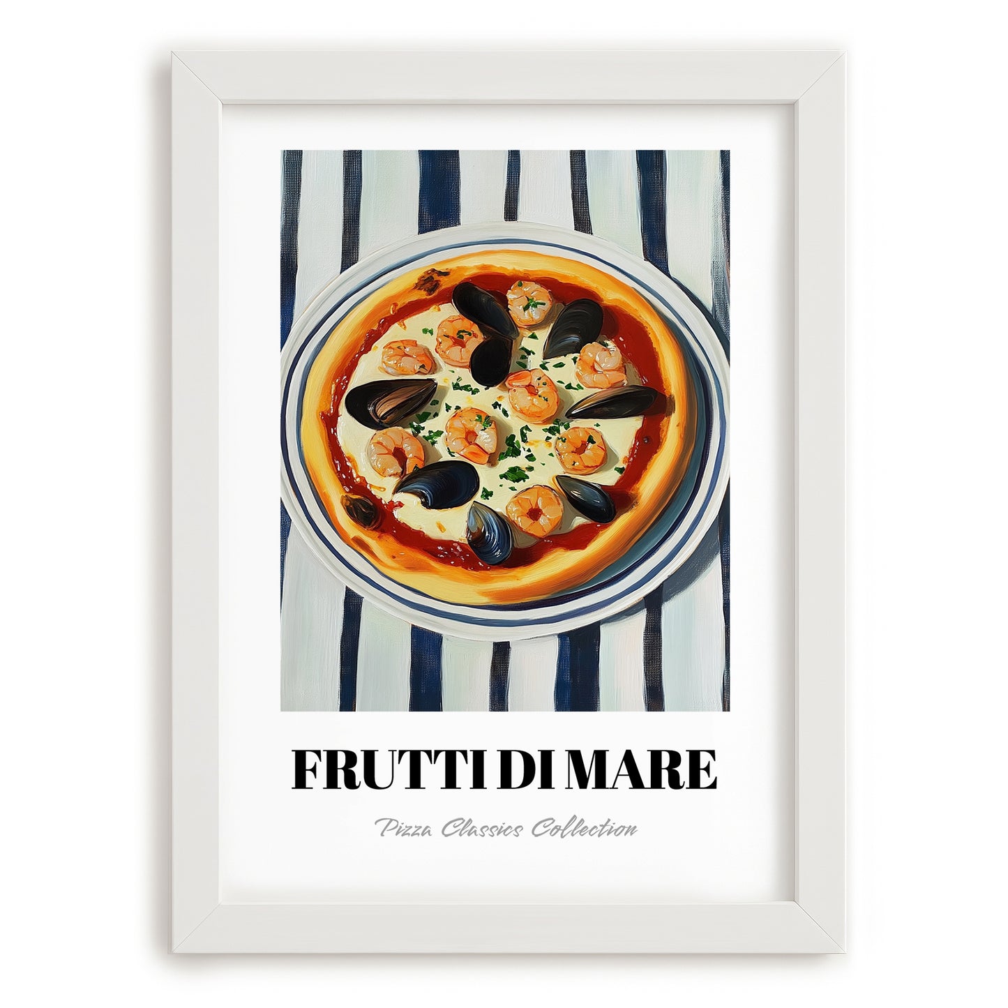 Frutti Di Mare – on Striped Tablecloth, Pizza Wall Illustration, placed in minimal white frame