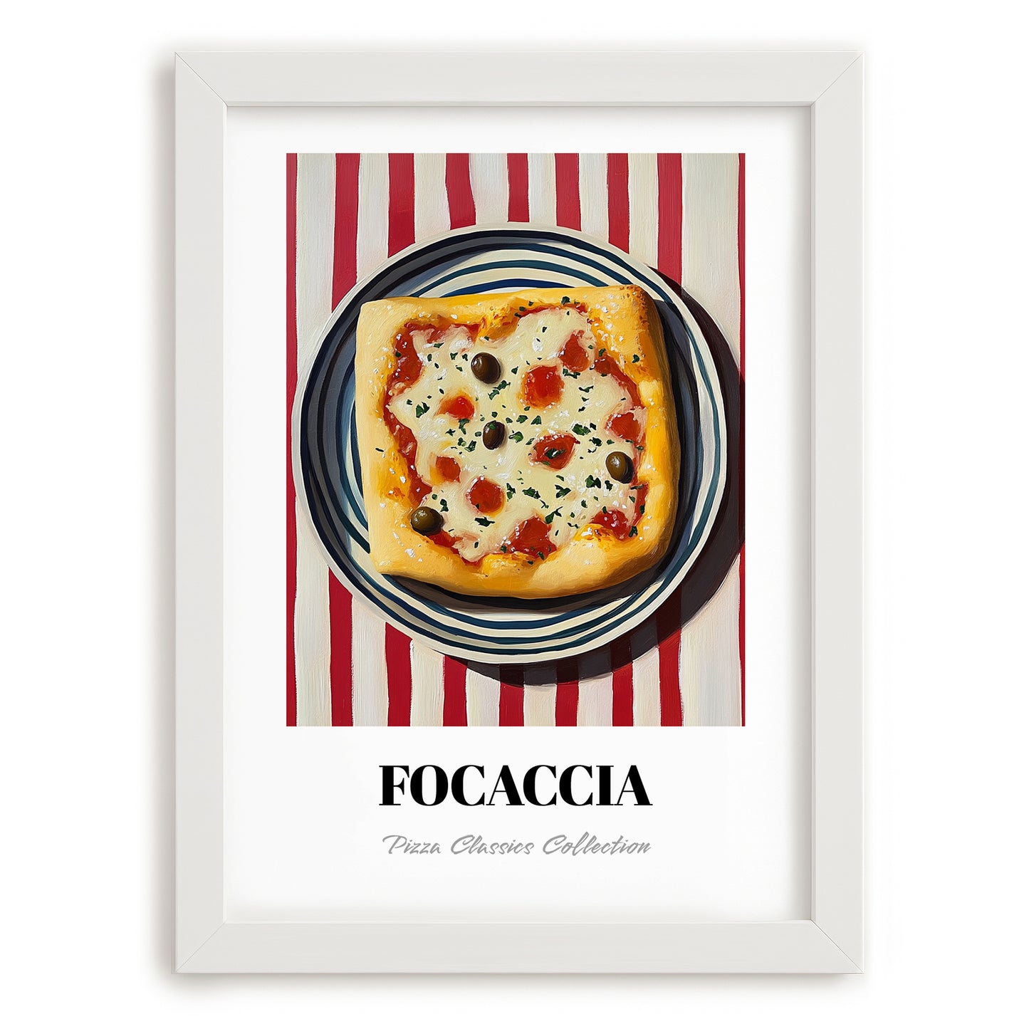 Focaccia – on Striped Tablecloth, Pizza Painting, placed in minimal white frame