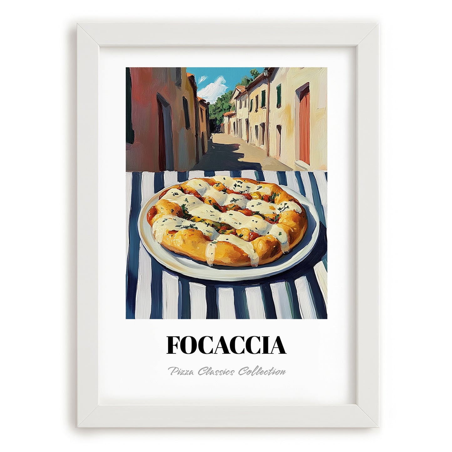 Pizza Focaccia – Italian Street Café Scene, Pizza Illustration, placed in minimal white frame