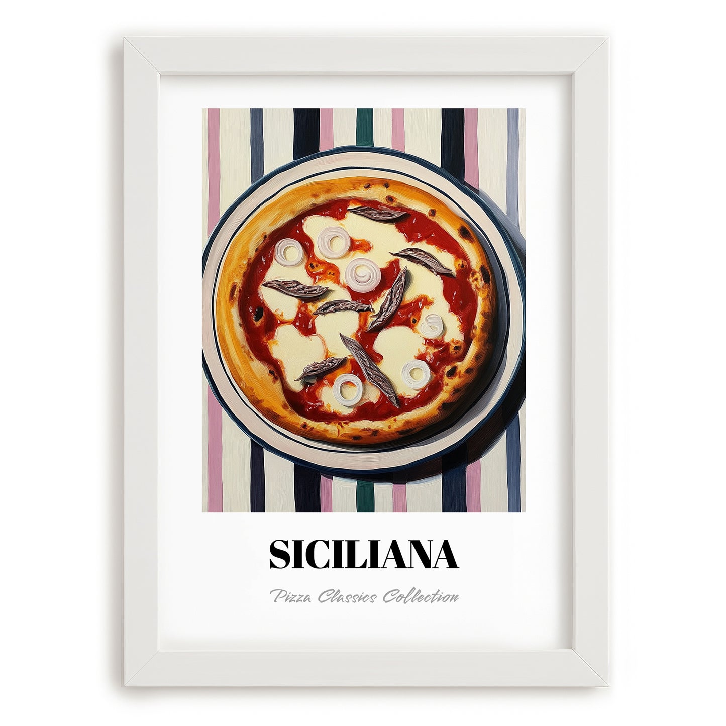 Siciliana – on Striped Tablecloth, Pizza Poster, placed in minimal white frame