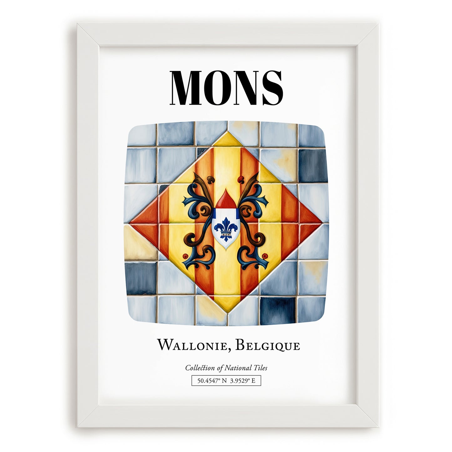 Mons, Belgium – Travel Print, placed in minimal white frame