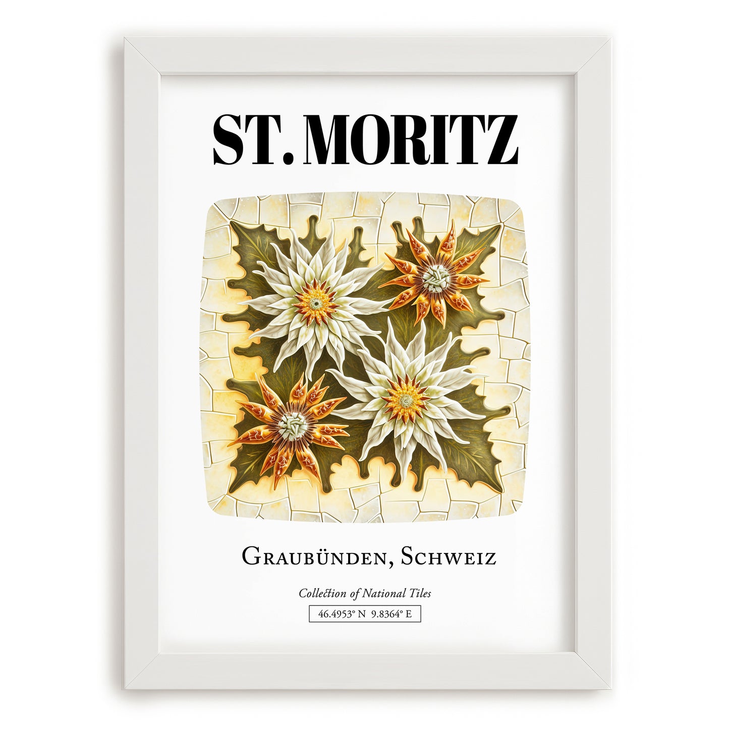 St. Moritz, Switzerland – World Heritage Travel Poster, placed in minimal white frame