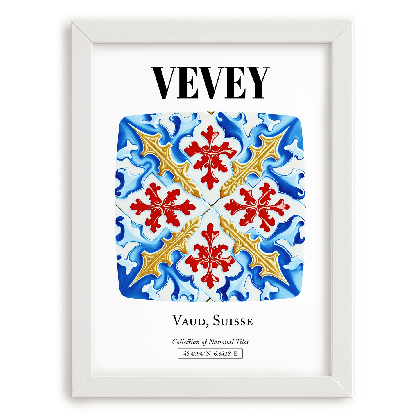 Vevey, Switzerland – Cityscape Wall Art, placed in minimal white frame