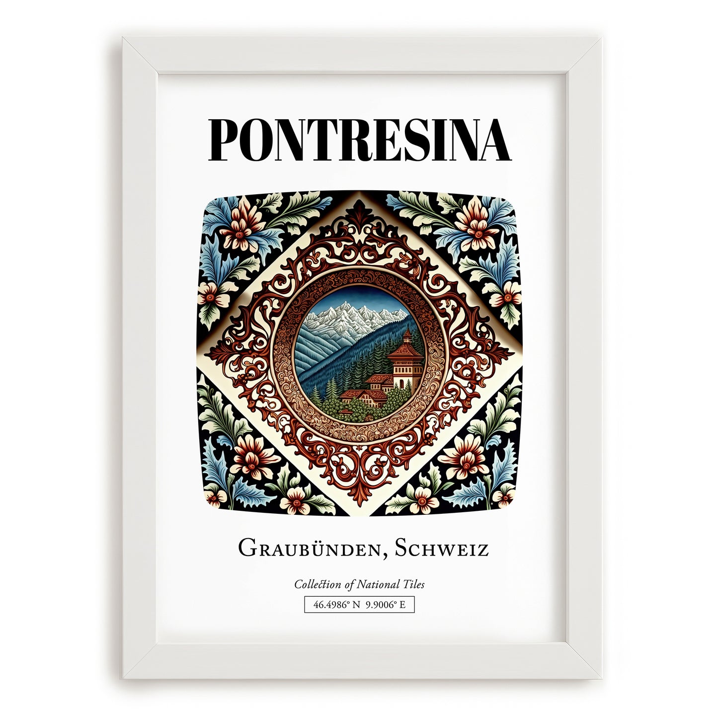 Pontresina, Switzerland – Travel Poster, placed in minimal white frame