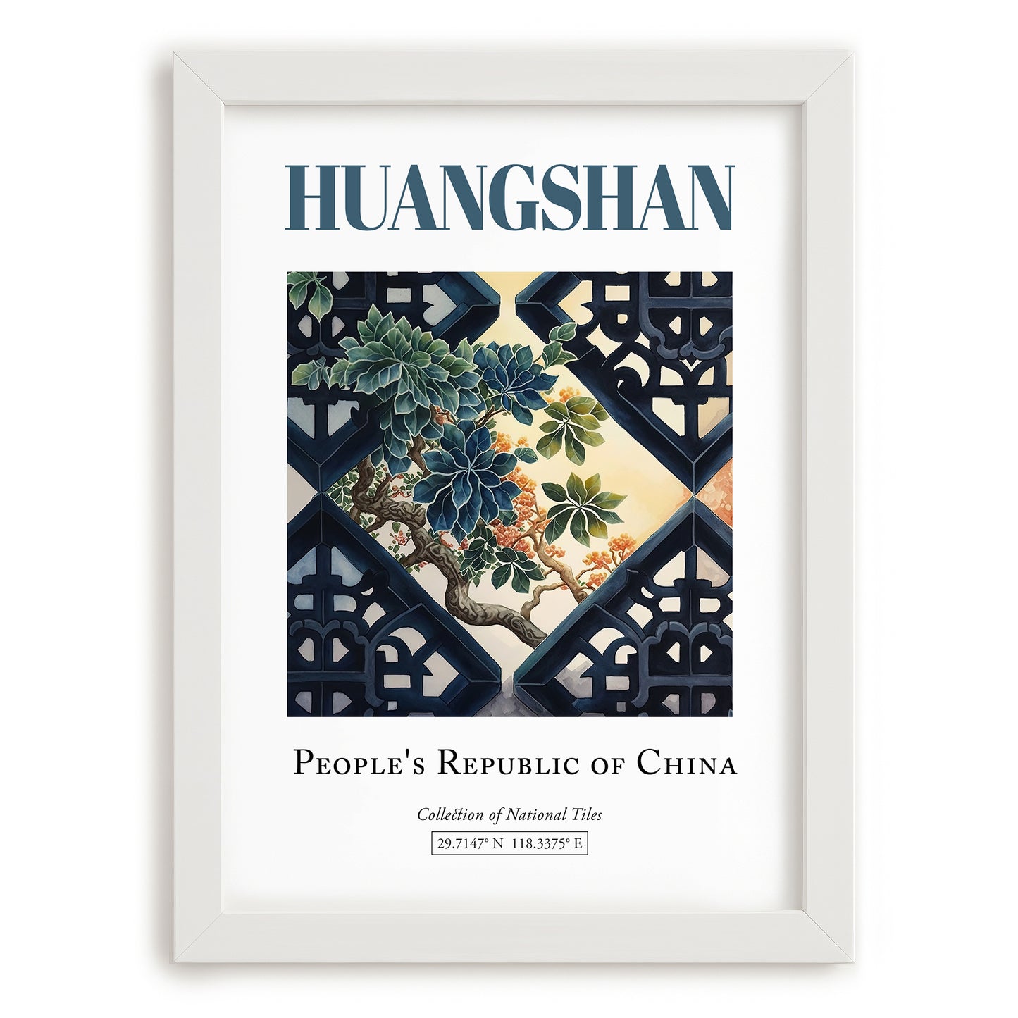 Huangshan, China – Travel Poster, placed in minimal white frame