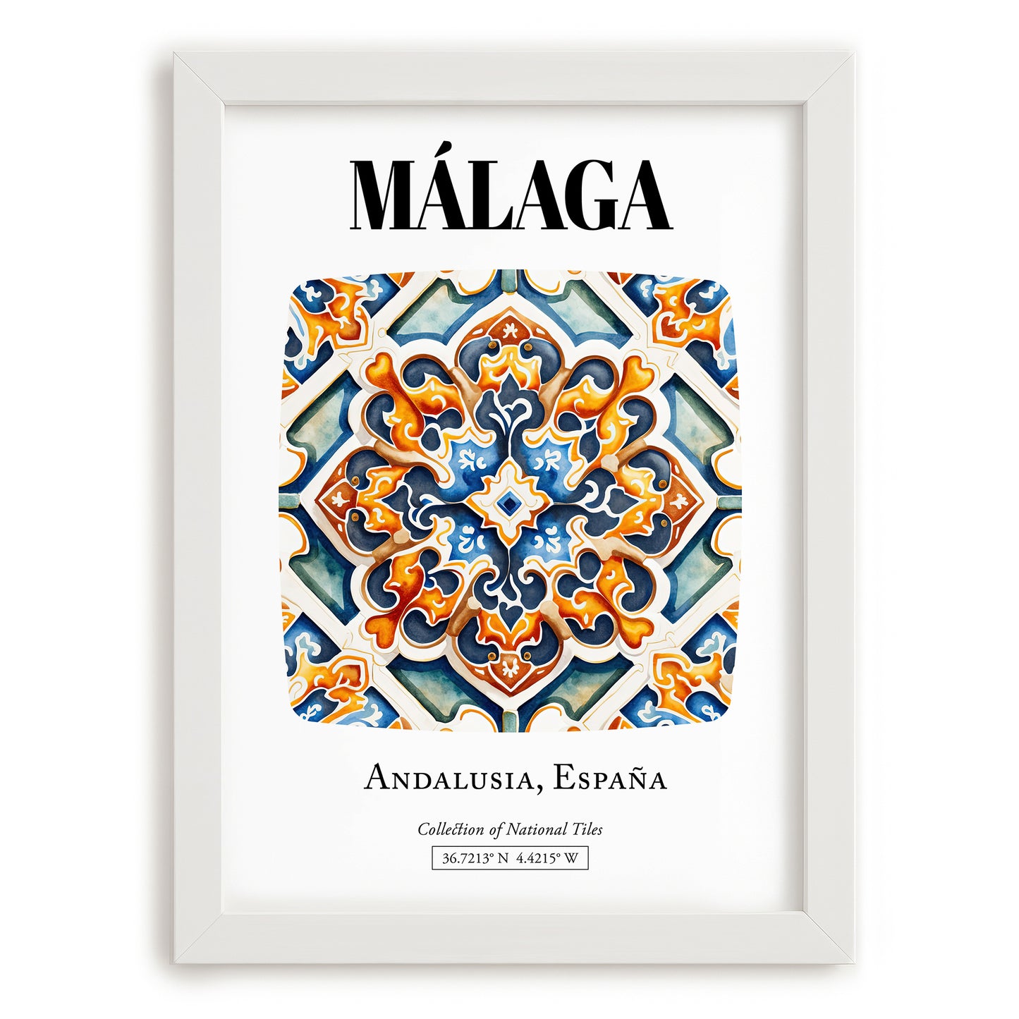 Málaga, Spain – Travel Wall Decor, placed in minimal white frame