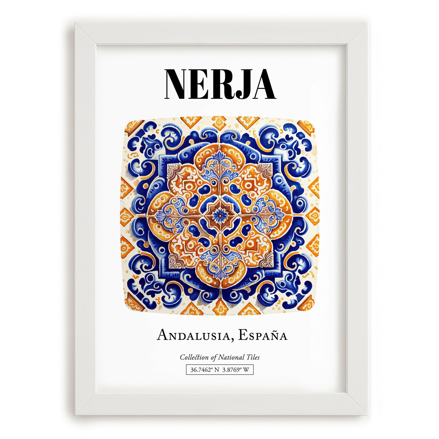 Nerja, Spain – Tourist Destination Poster, placed in minimal white frame