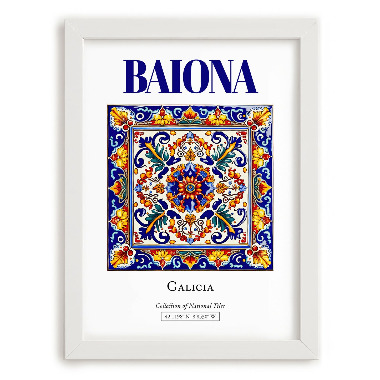 Baiona, Spain – Retro Travel Poster, placed in minimal white frame
