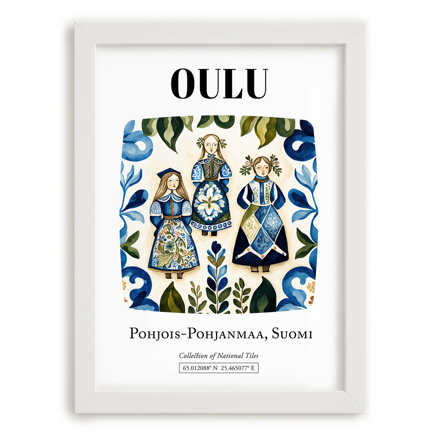 Oulu, Finland – Retro Travel Poster, placed in minimal white frame