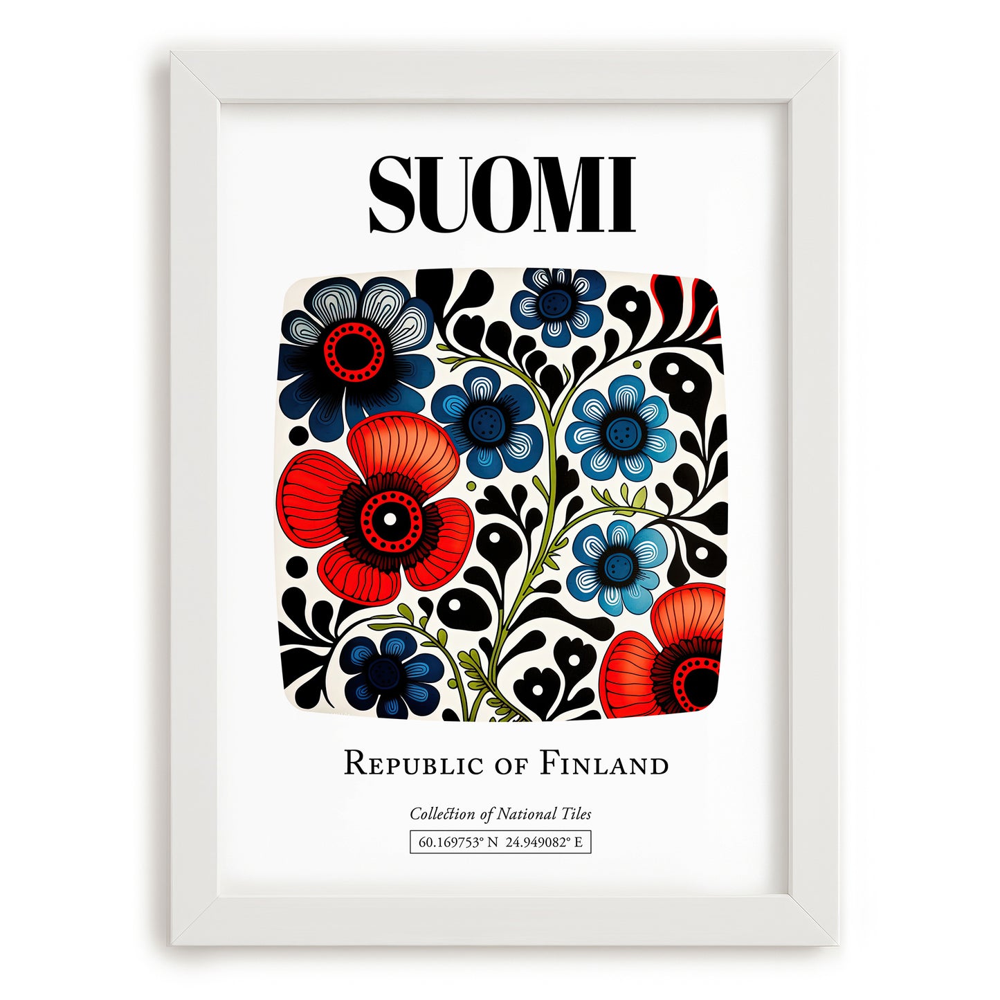 Suomi, Finland – Travel Wall Decor, placed in minimal white frame