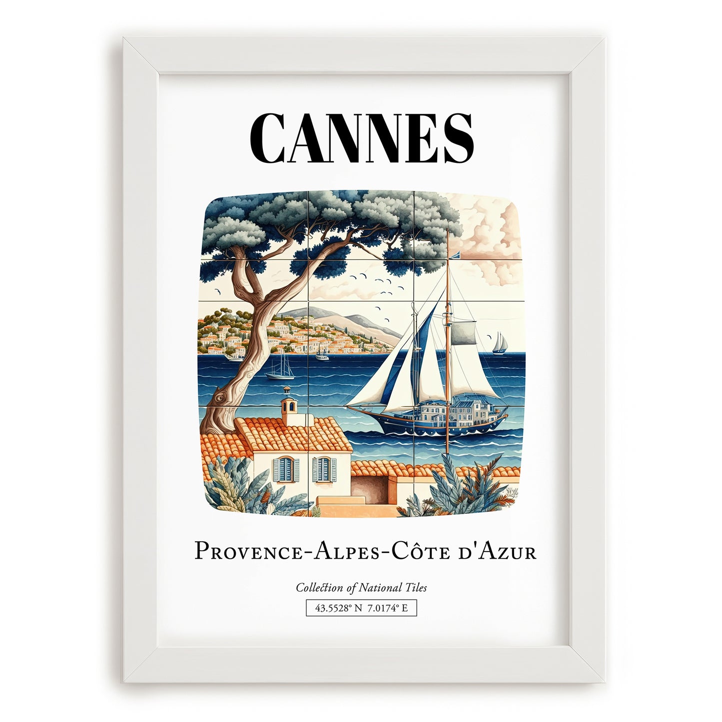Cannes, France – Travel Poster, placed in minimal white frame