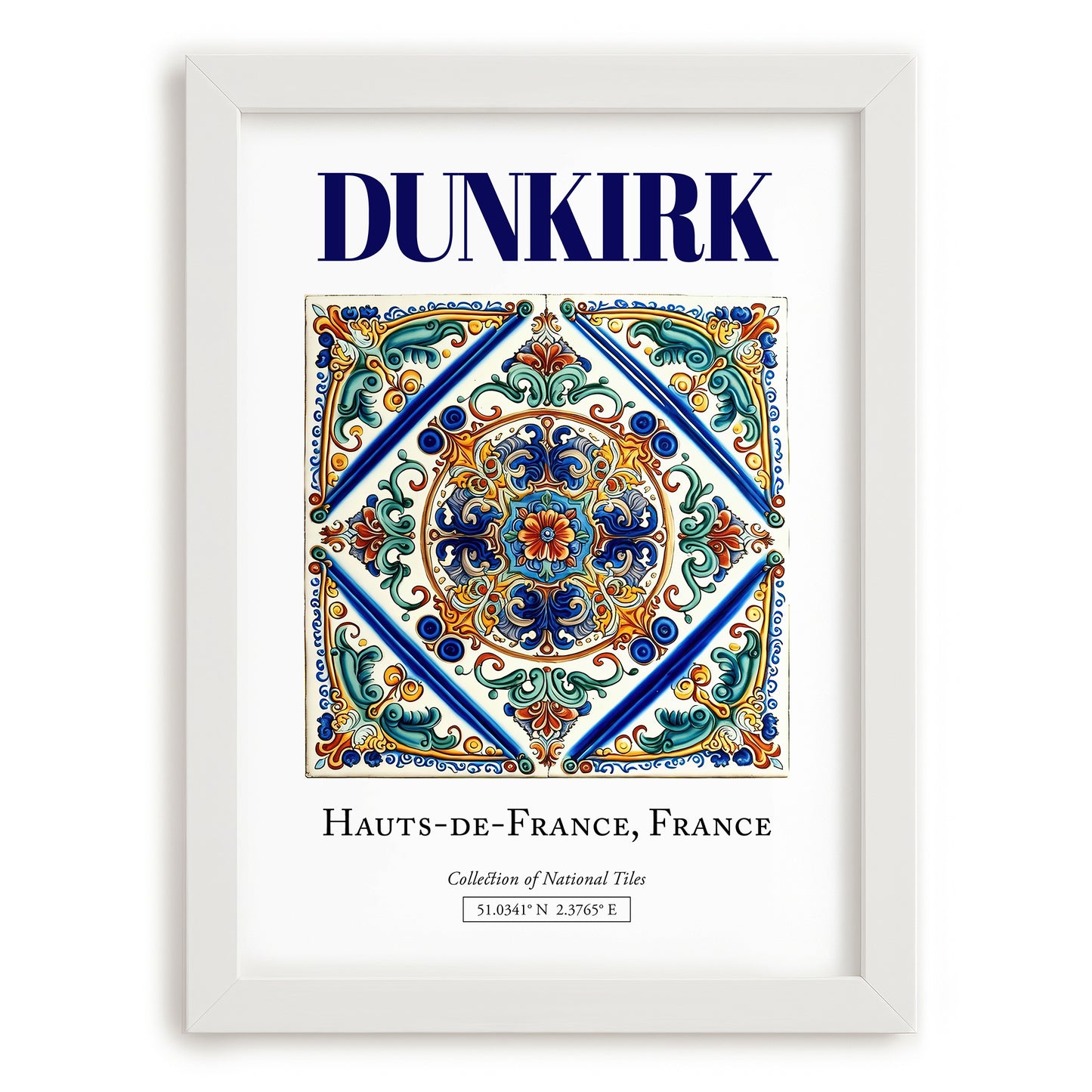 Dunkirk, France – Retro Travel Poster, placed in minimal white frame