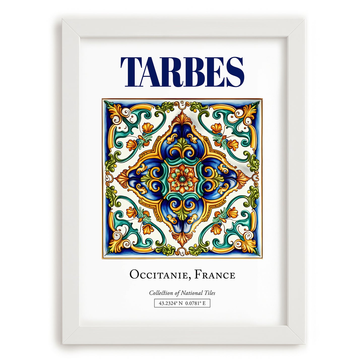 Tarbes, France – Travel Poster, placed in minimal white frame