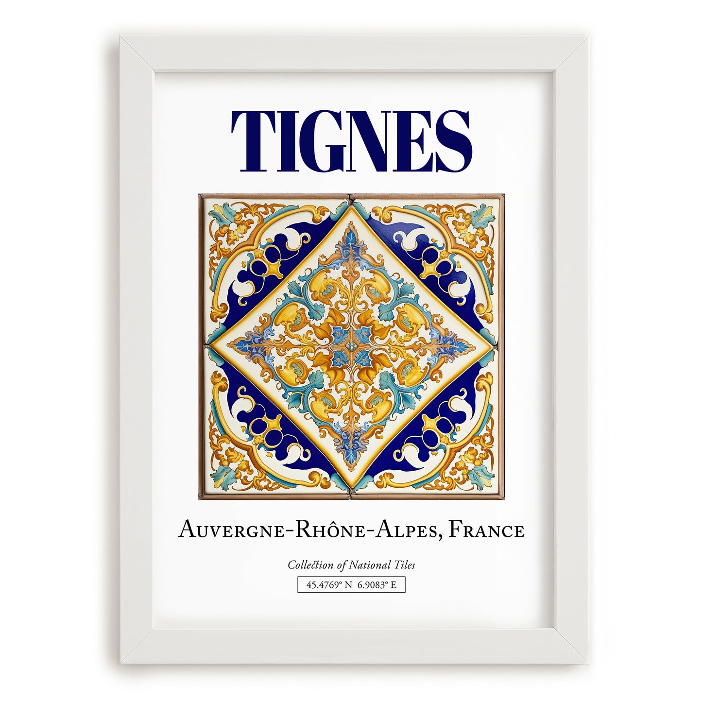 Tignes, France – Retro Travel Poster, placed in minimal white frame