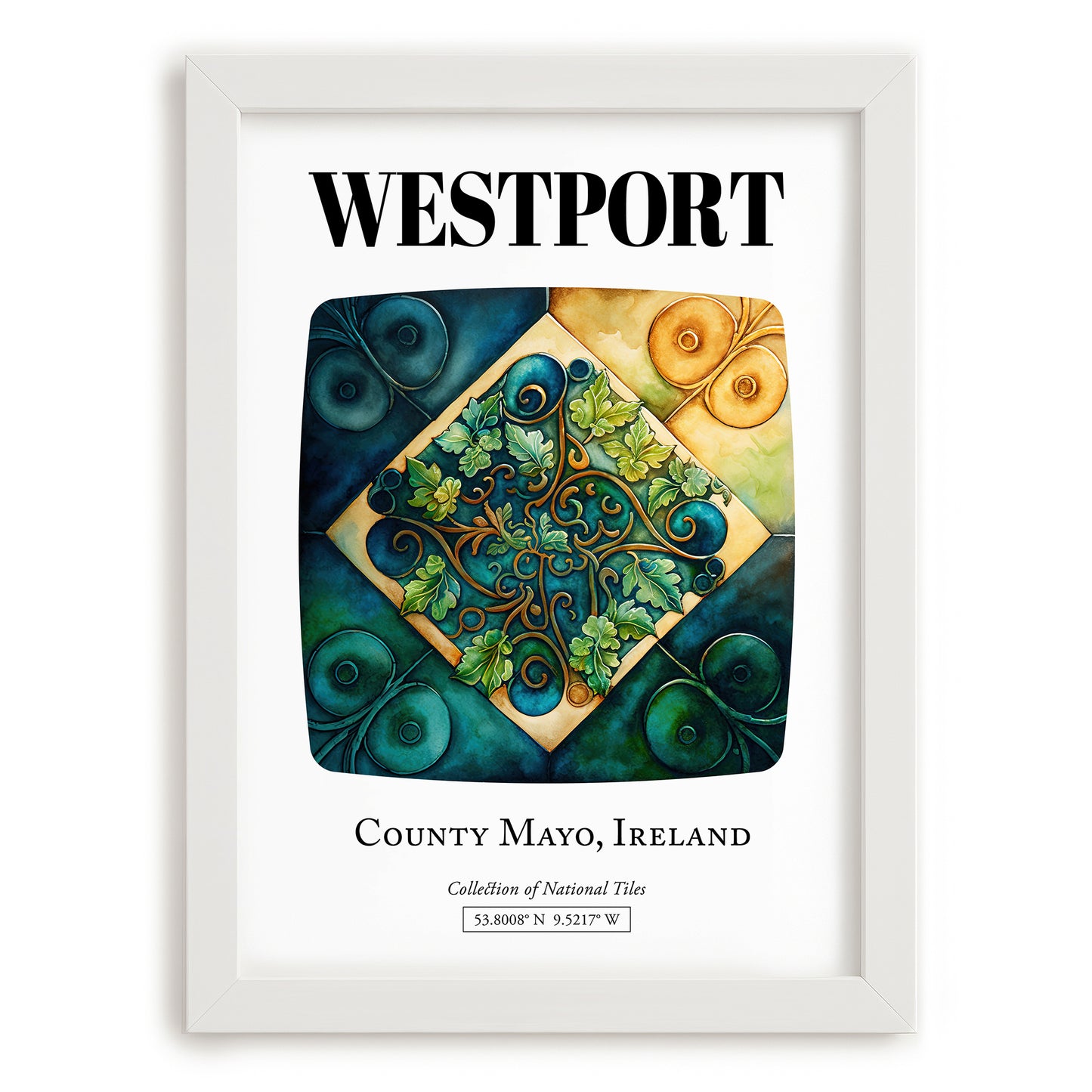Westport, Ireland – Travel Wall Art, placed in minimal white frame